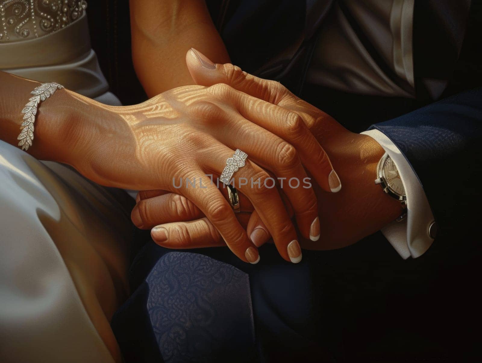 A realistic painting of two lovers sitting in a taxi, their hands intertwined as they share a sweet moment.