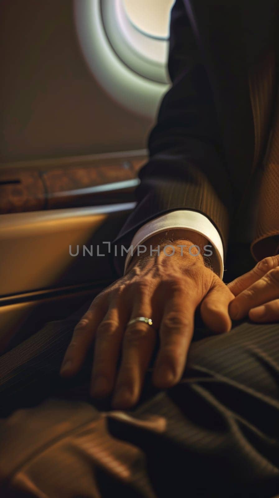 A male businessman dressed in a suit and tie seated on an airplane.