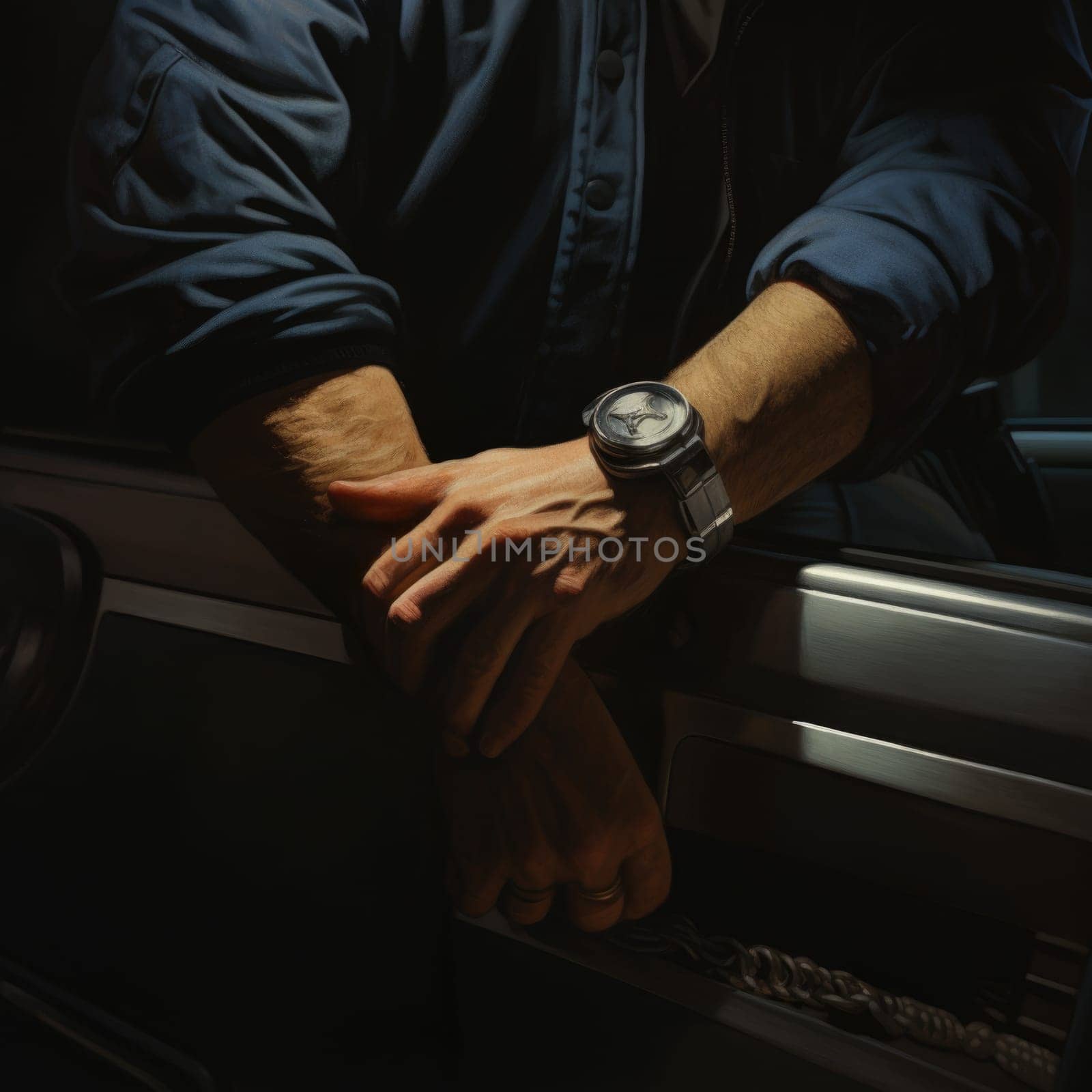 Man in Blue Shirt Extending Hand Out of Car Door. Generative AI. by but_photo