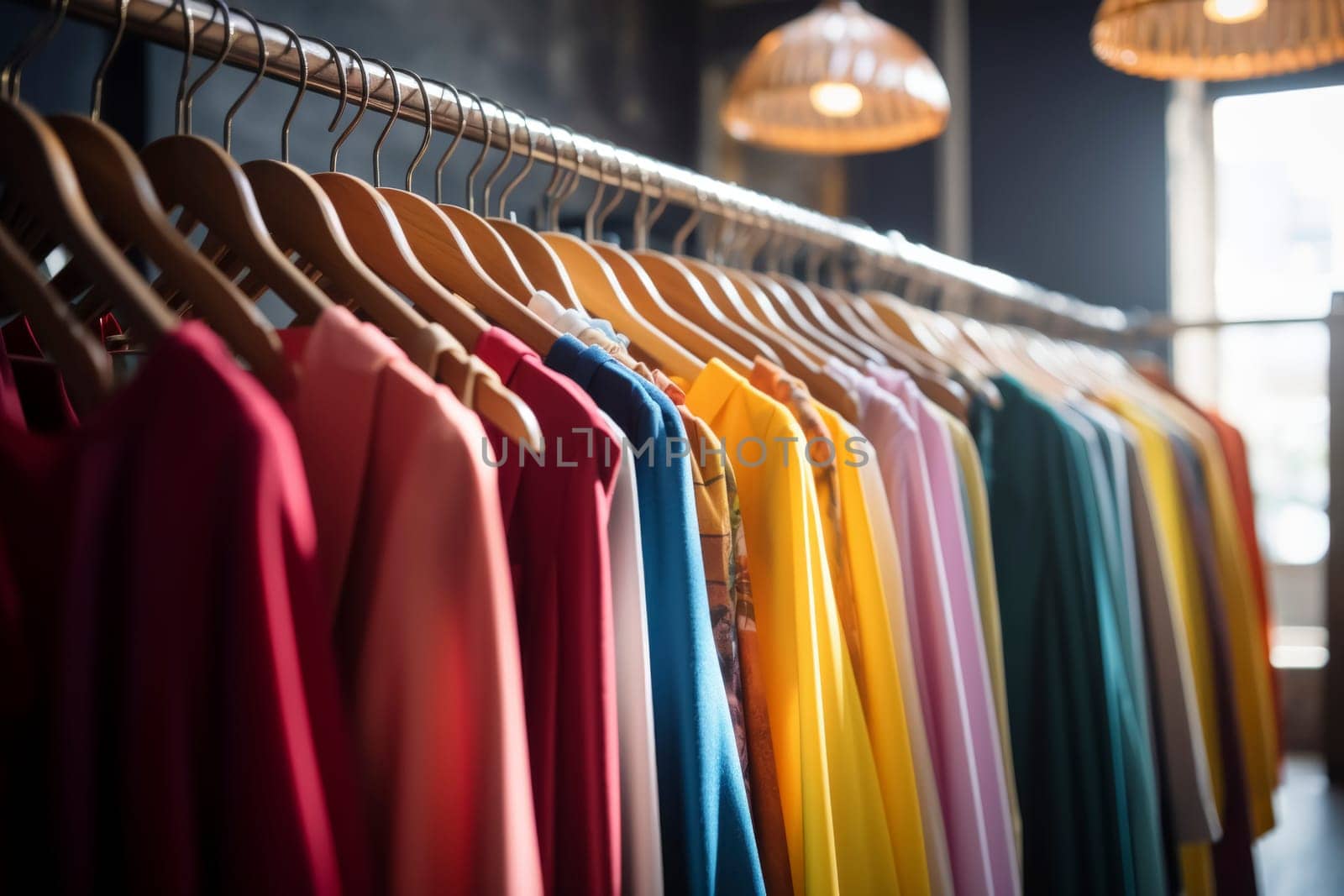 Colorful garments on wooden hangers in a boutique setting with warm lighting