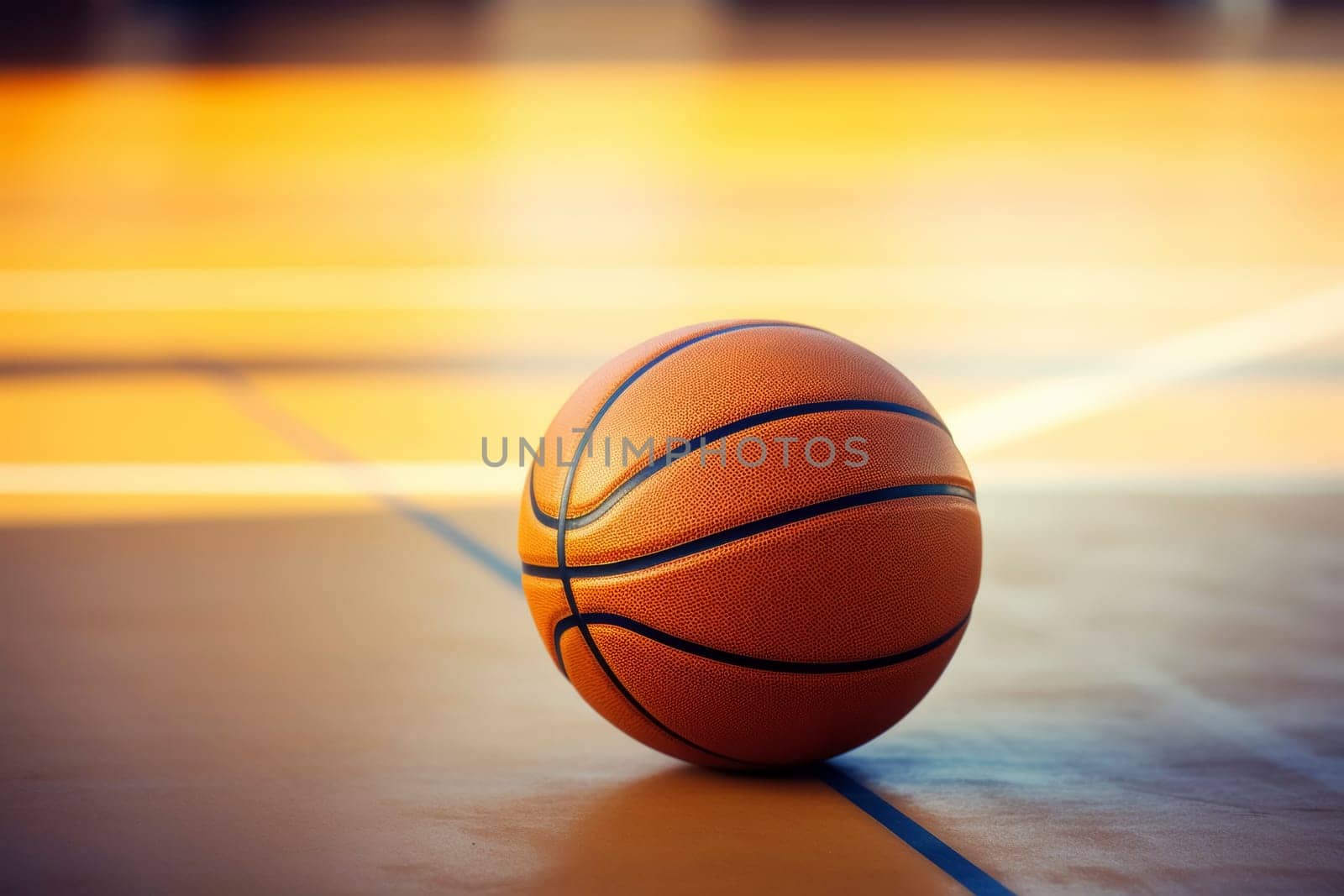 Basketball on Hardwood Court Floor.