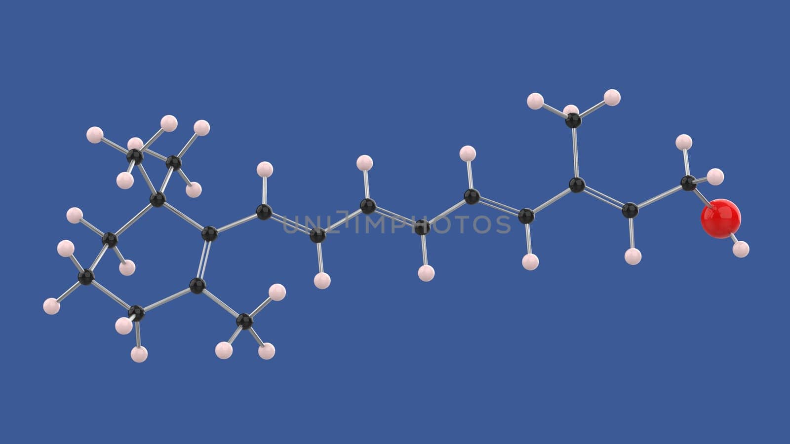 Vitamin A Retinol 3D molecule structure, on blue background, 3D rendering illustration
