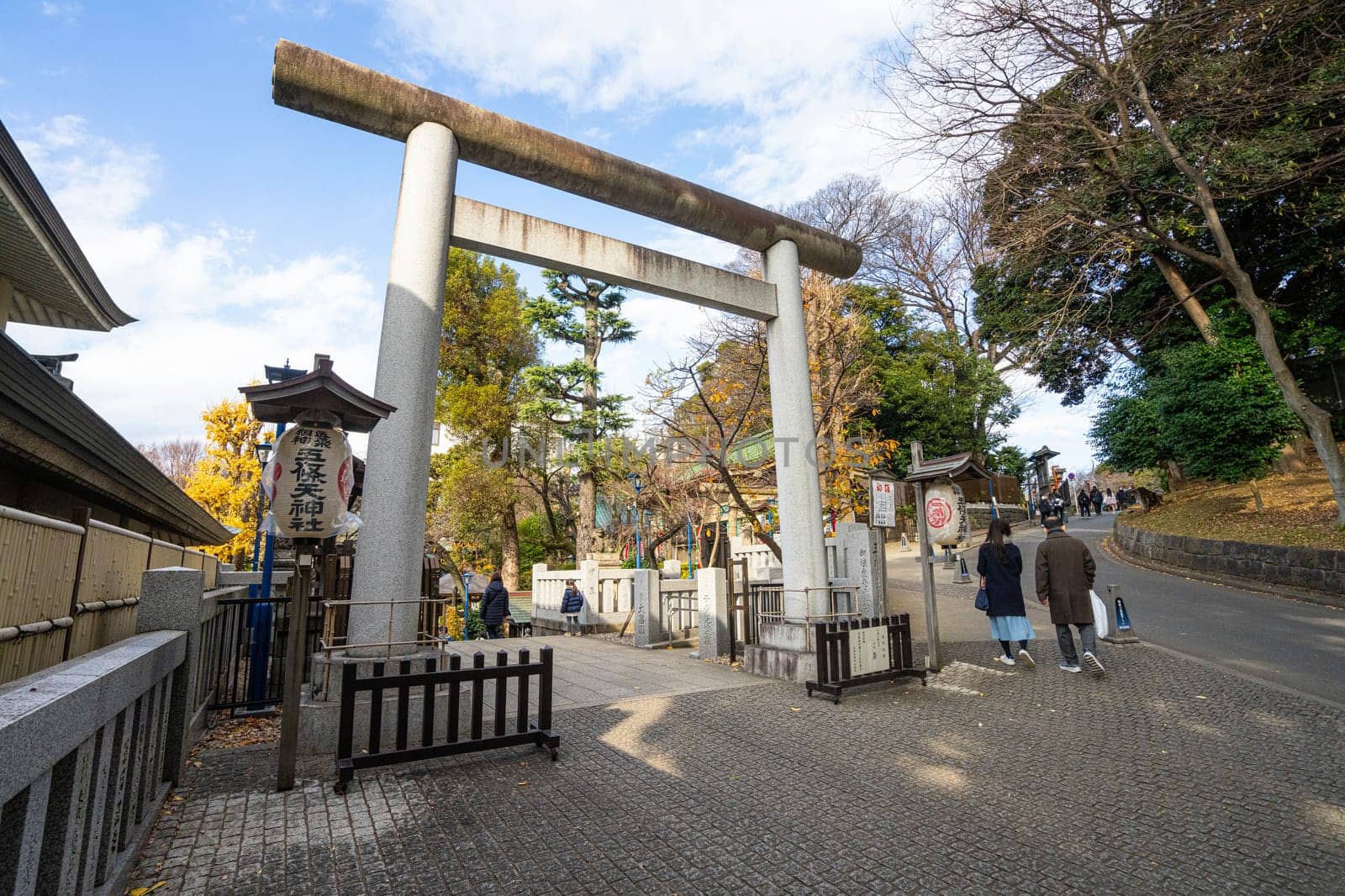 Tokyo, Japan. January 2024.  Exterior view of the Torii gates at the Gojoten Shrine Shinto temple at Ueno Park in the city center