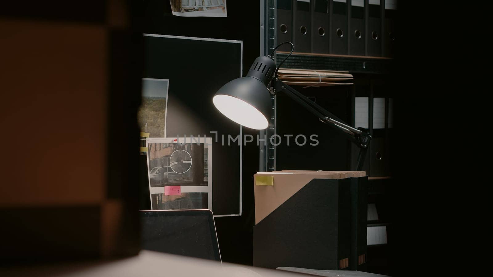 Empty incident room filled with clues and case files by DCStudio