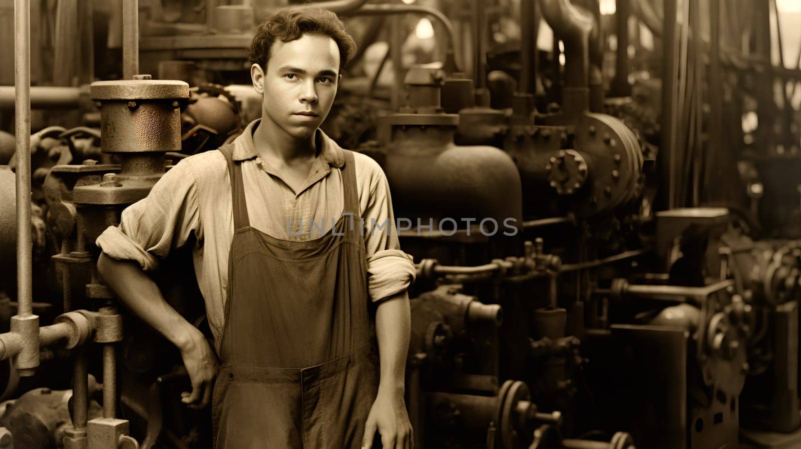 Vintage image of a young man in overalls standing in front of a machine - Generative AI