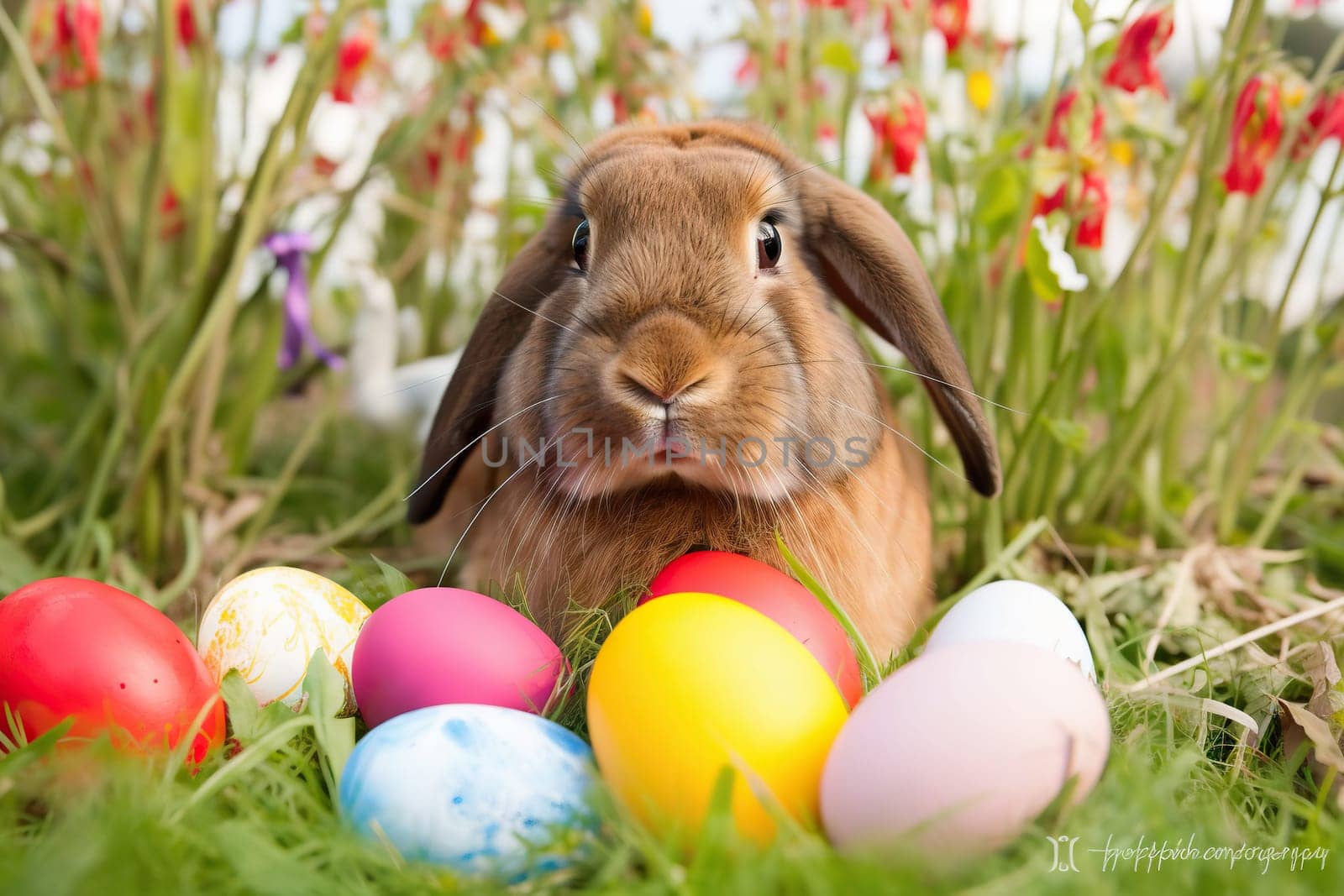 A brown rabbit among vibrant Easter eggs nestled in spring grass with flowers