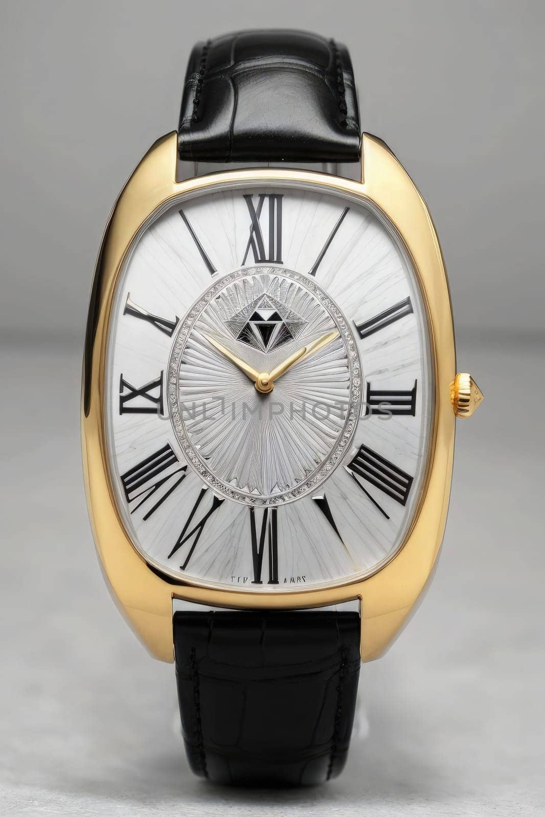 3d mockup of wristwatch on grey background. Classic watch with gold dial. AI Generated.