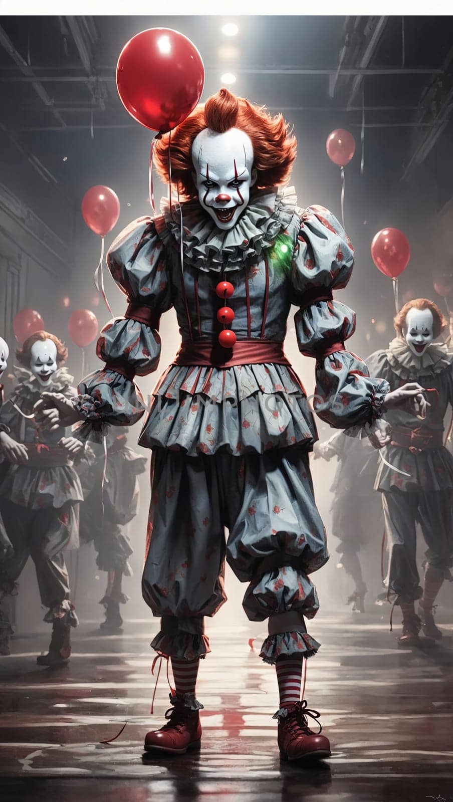 IT Horror movie scene showing scary Pennywise clown with red balloons in the dark. AI Generated.