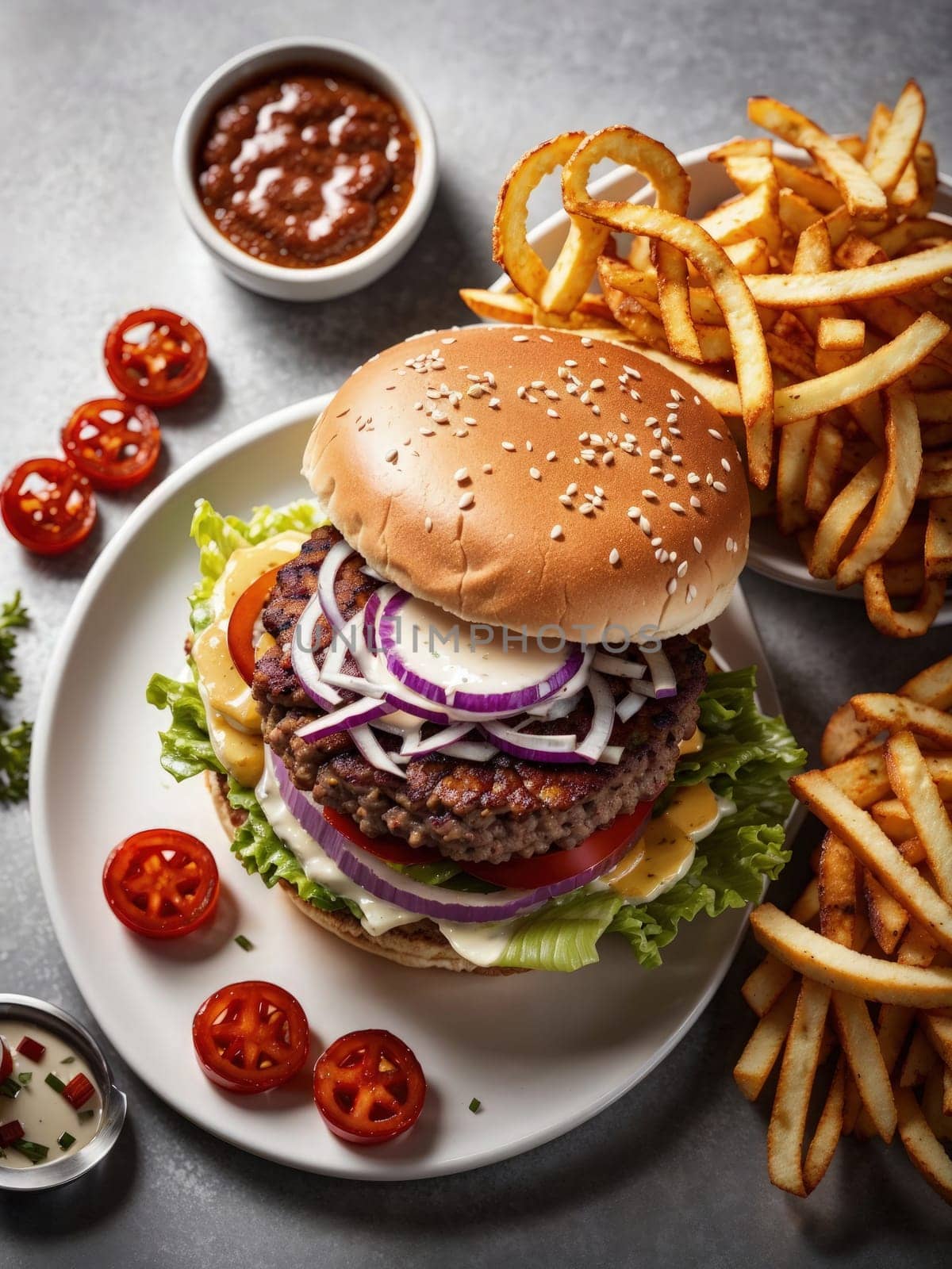 Cheese burger - American fast food burgers with fresh salad and french fries. AI Generated.