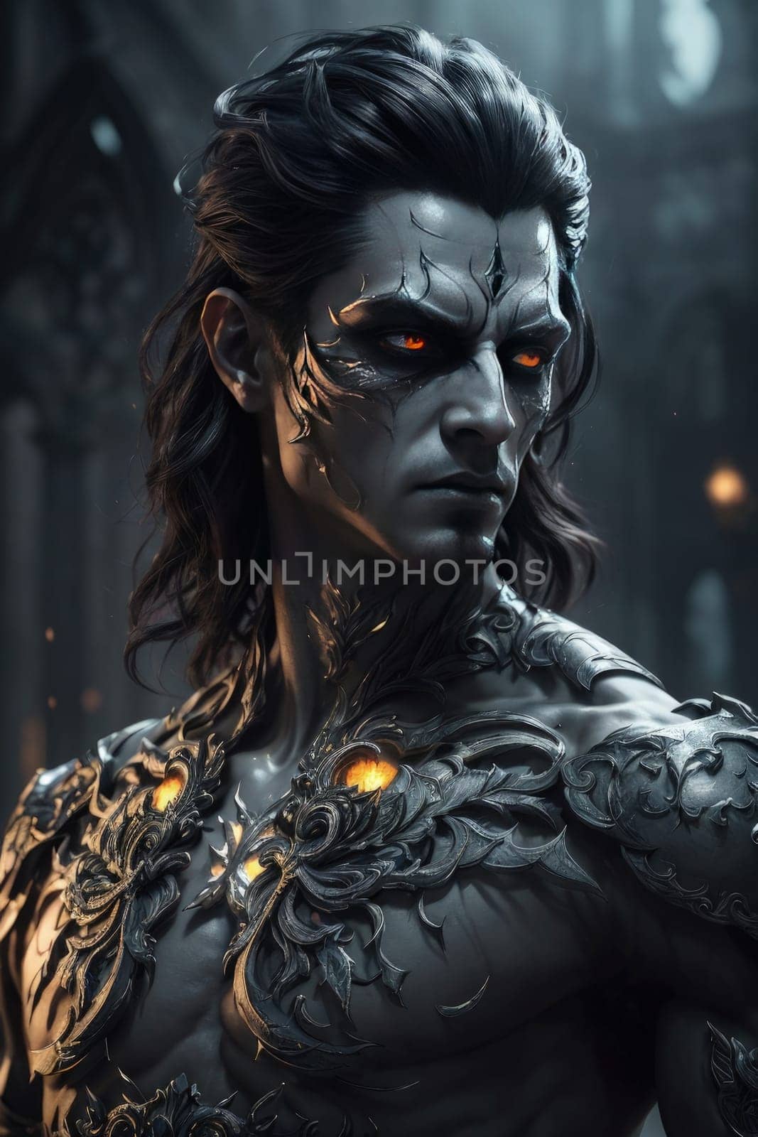 Close-up portrait of a fantasy warrior in armor. Horror evil prince. AI Generated.