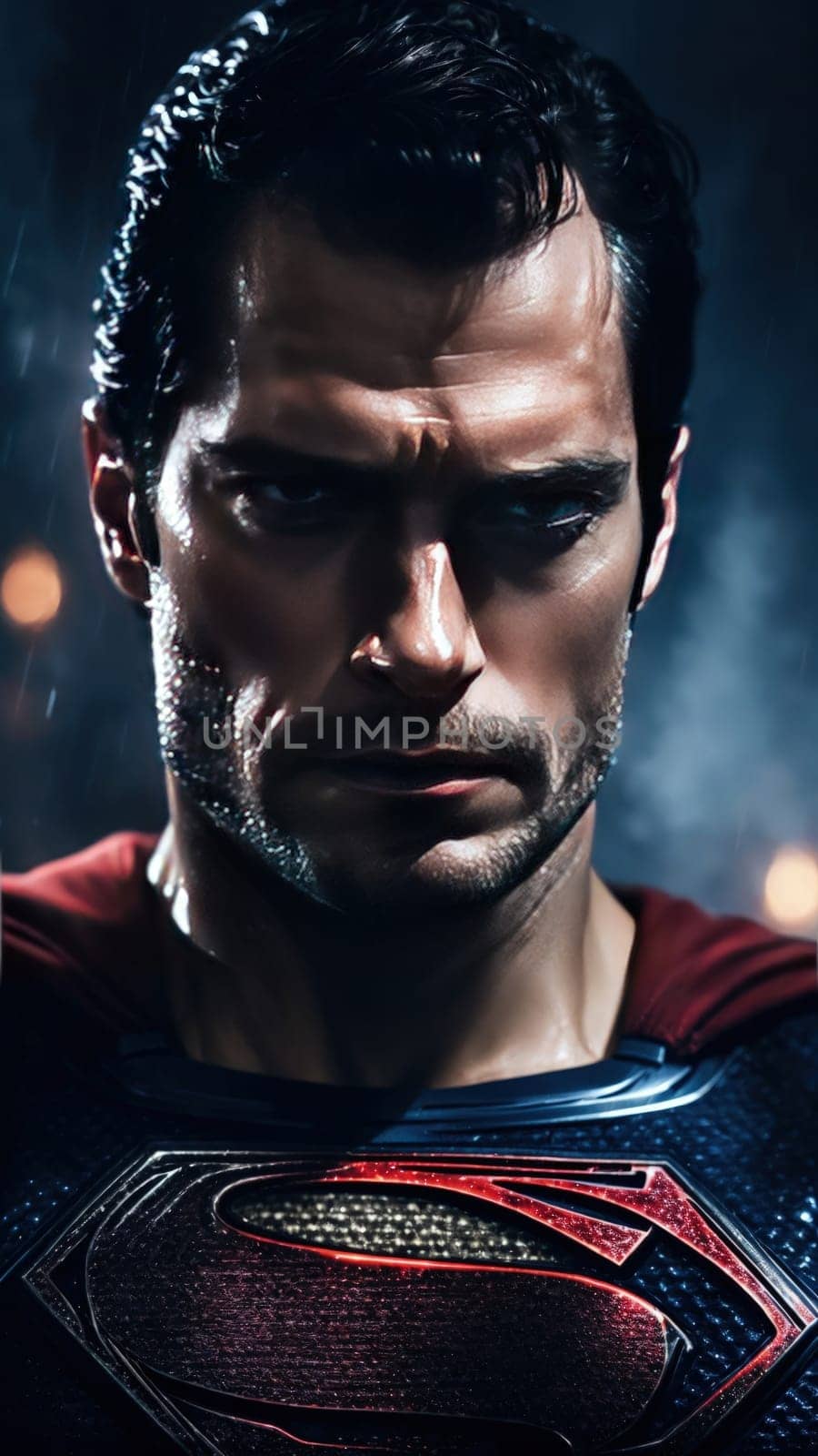 Portrait of handsome young muscular superman henry cavill in his red shirt suit. Superhero concept. AI Generated.