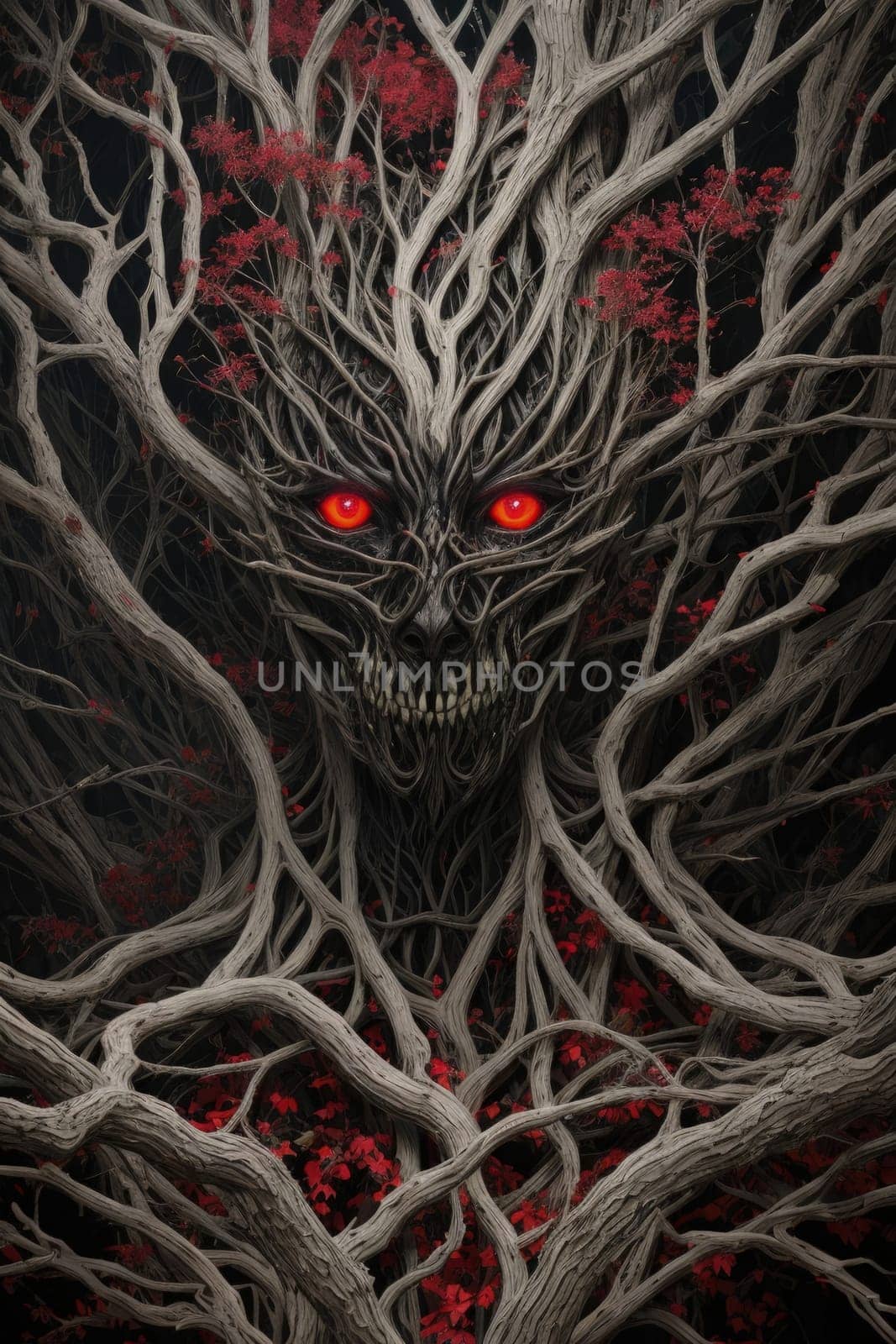 Creepy tree monster face with red eyes in the forest. Horror movie concept. AI Generated.