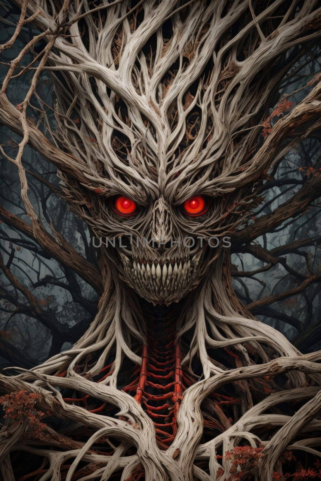 Scary tree branches monster in the forest. 3D illustration. Horror demon concept. AI Generated.