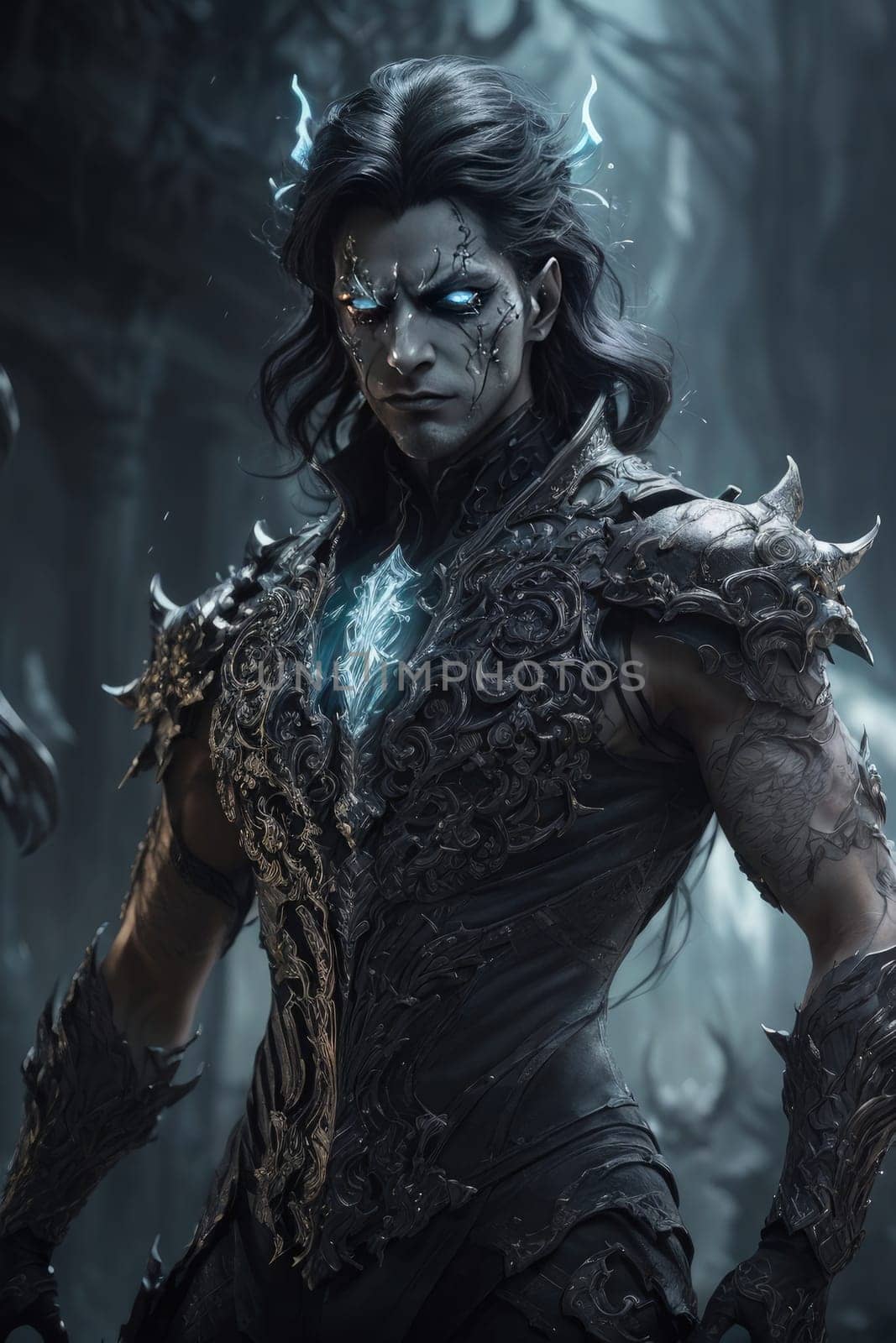 Portrait of a fantasy demon warrior prince in a dark forest. Fantasy. AI Generated.