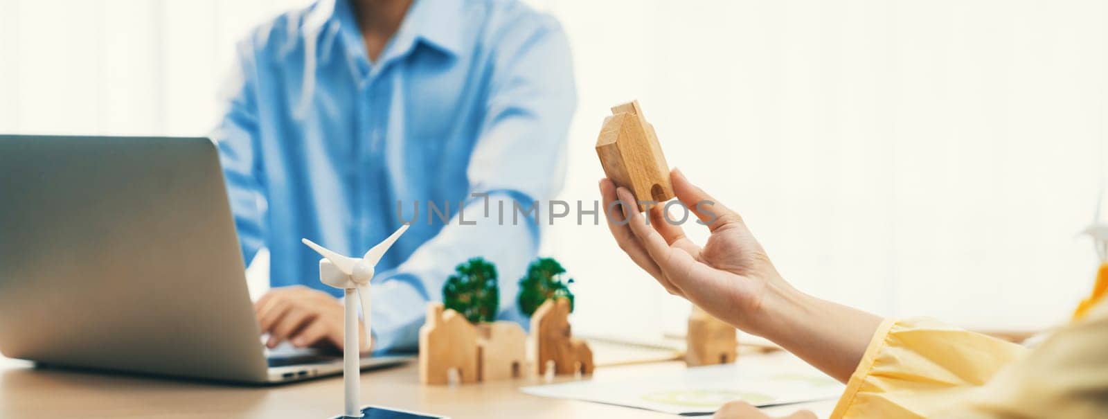 Businesswoman decides to Invest in green business. Skilled architects plan to build a eco house by using renewable energy at table with environmental document scatter around. Close up. Delineation.