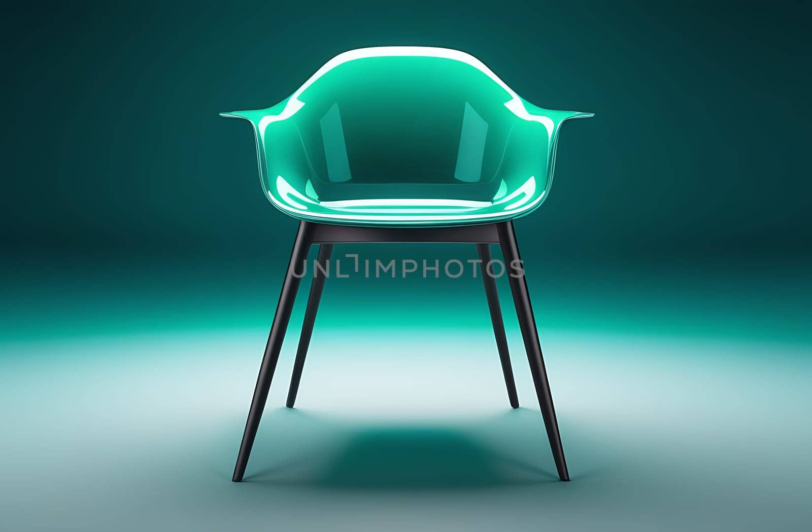 One transparent acrylic chair in green color, on a dark background, modern design by claire_lucia