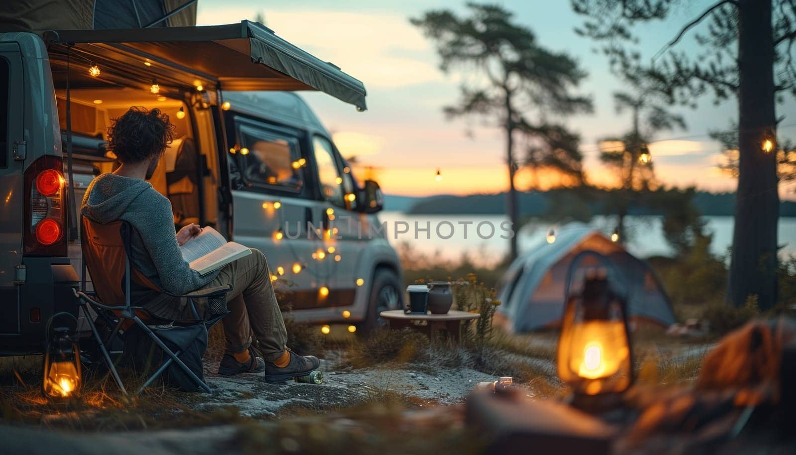 A man sits in the back of his car reading a book campsite at sunset. Generative AI.