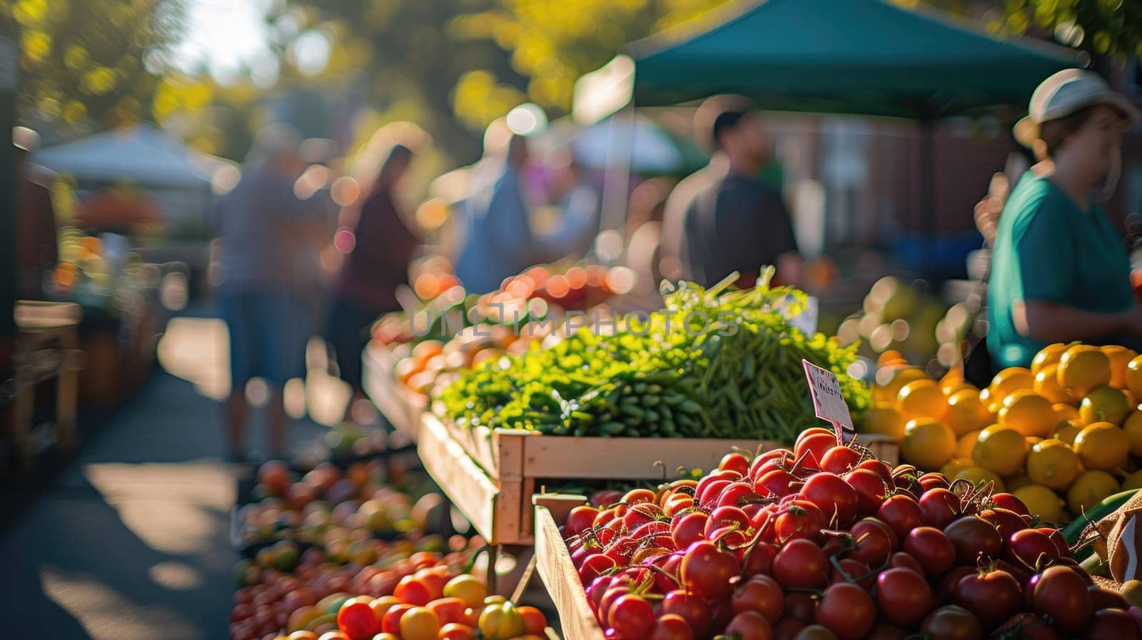 An early morning farmers market scene, bustling with vendors and customers, fresh produce on display, capturing the essence of local commerce and community. Resplendent.