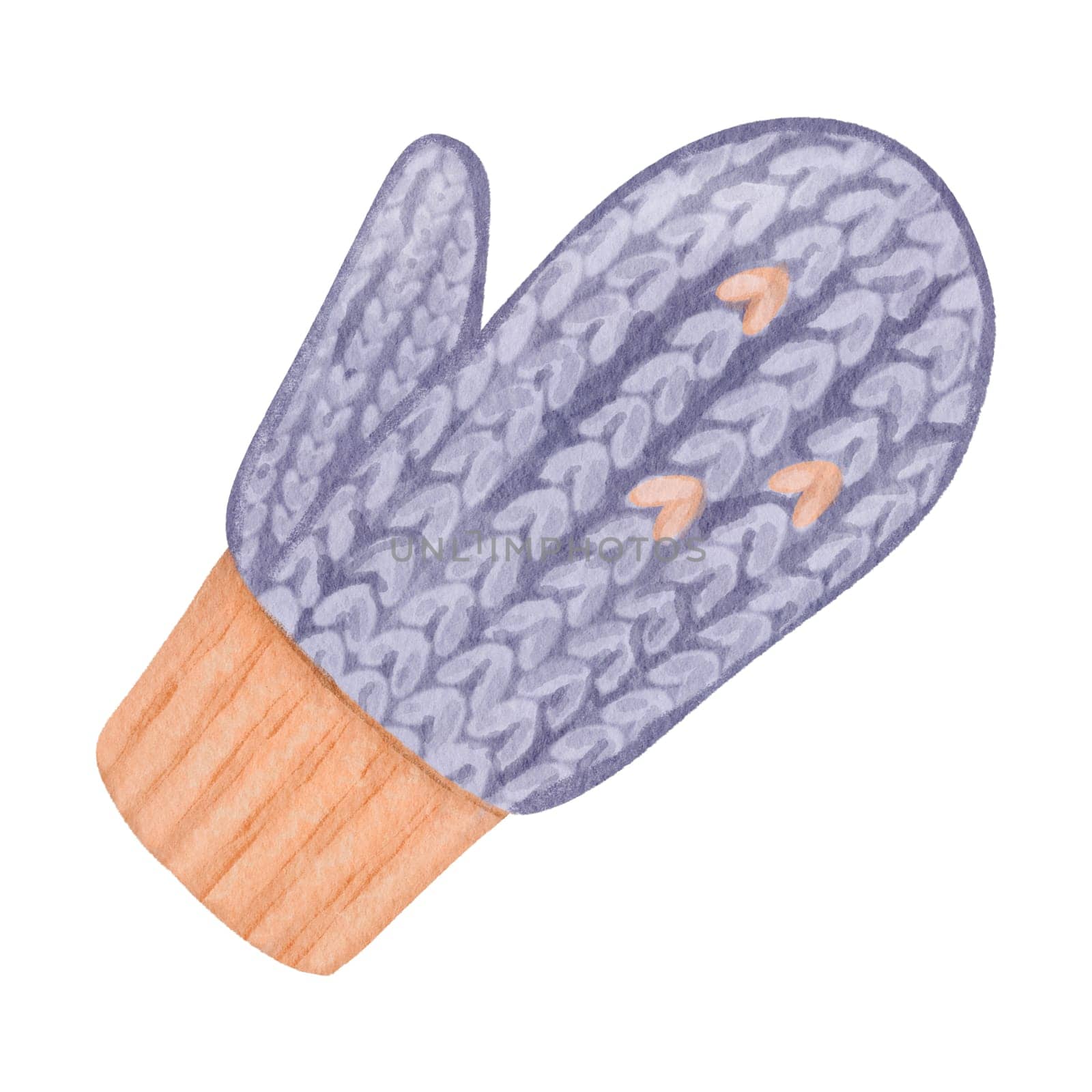 A knitted mitten. Winter clothing item. Purple and orange colors. Isolated watercolor object. Perfect for winter fashion designs, seasonal illustrations, or cold-weather themed graphics.