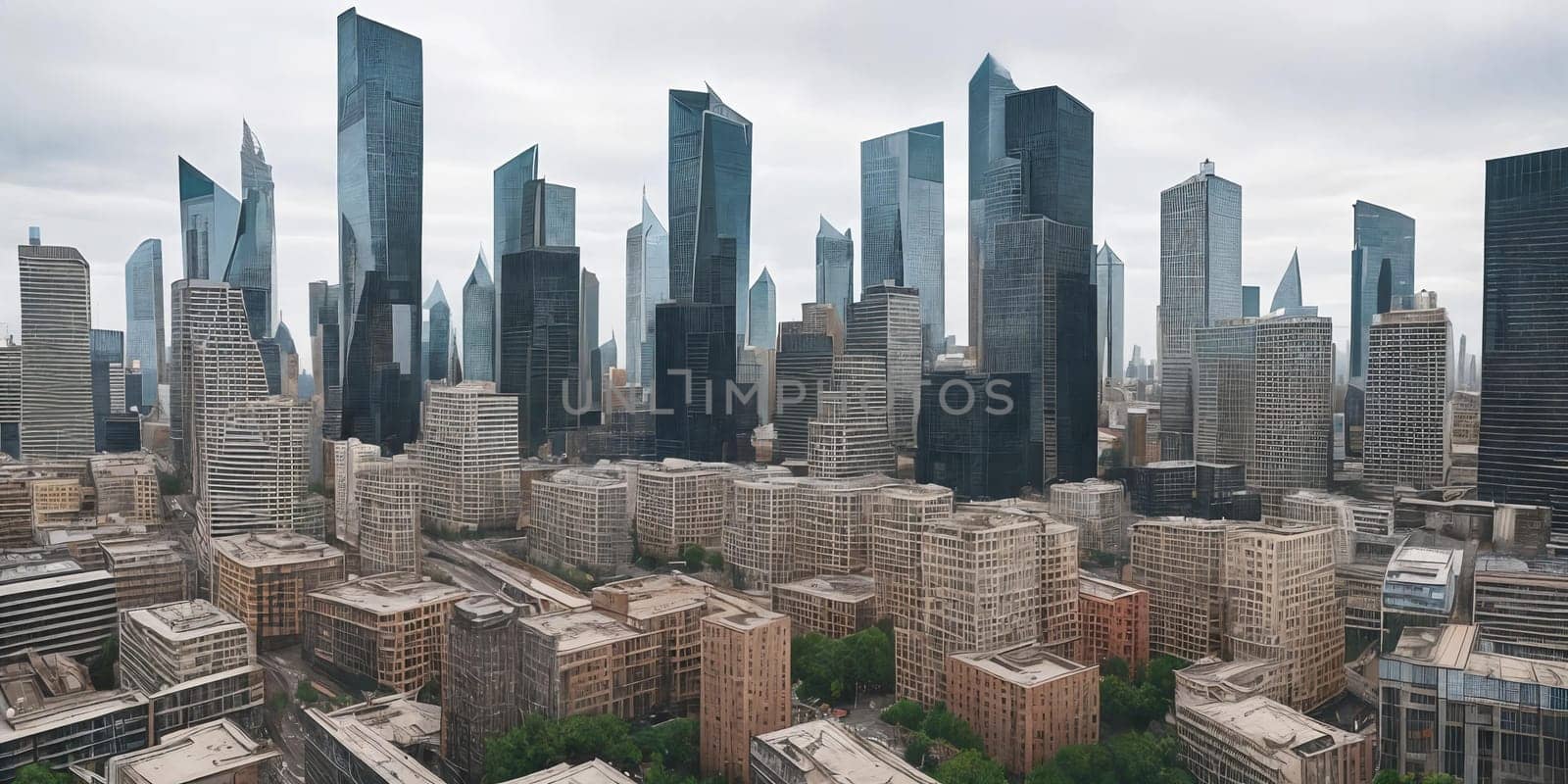 Architectural details, from sleek modern skyscrapers to old and weathered structures. Panorama. Generative AI by GoodOlga