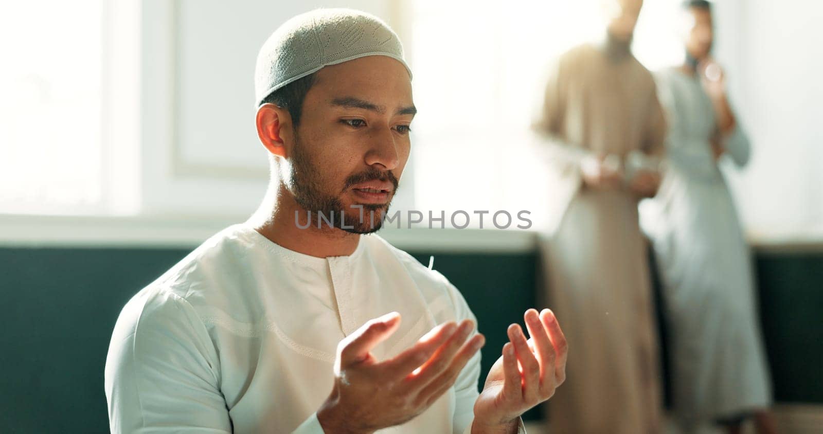 Islam, prayer and man in mosque with faith, mindfulness and gratitude with commitment to faith. Worship, religion and Muslim person in holy temple praise, spiritual teaching and learning with peace