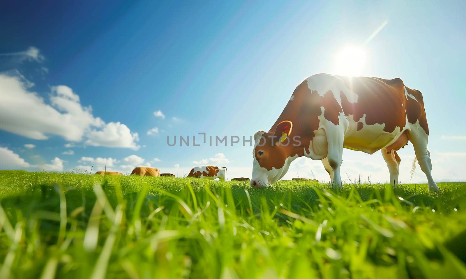 Mockup Brown Potted Cows Eating Fresh Green Grass in Sunny Meadow, Blue Sky and Sun on Background. Organic Mink from Free Range Clean And Healthy Domestic Animal. Design, Horizontal Plane AI Generated