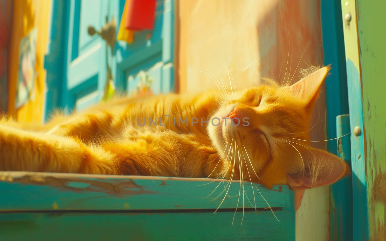 Chilling Relaxed Red Yellow Cat Lying On Threshold Of Old Bright House Under Sun. National Cat Day. Happy Sleeping Pet. Ai Generated. Horizontal Plane. High Quality Photo