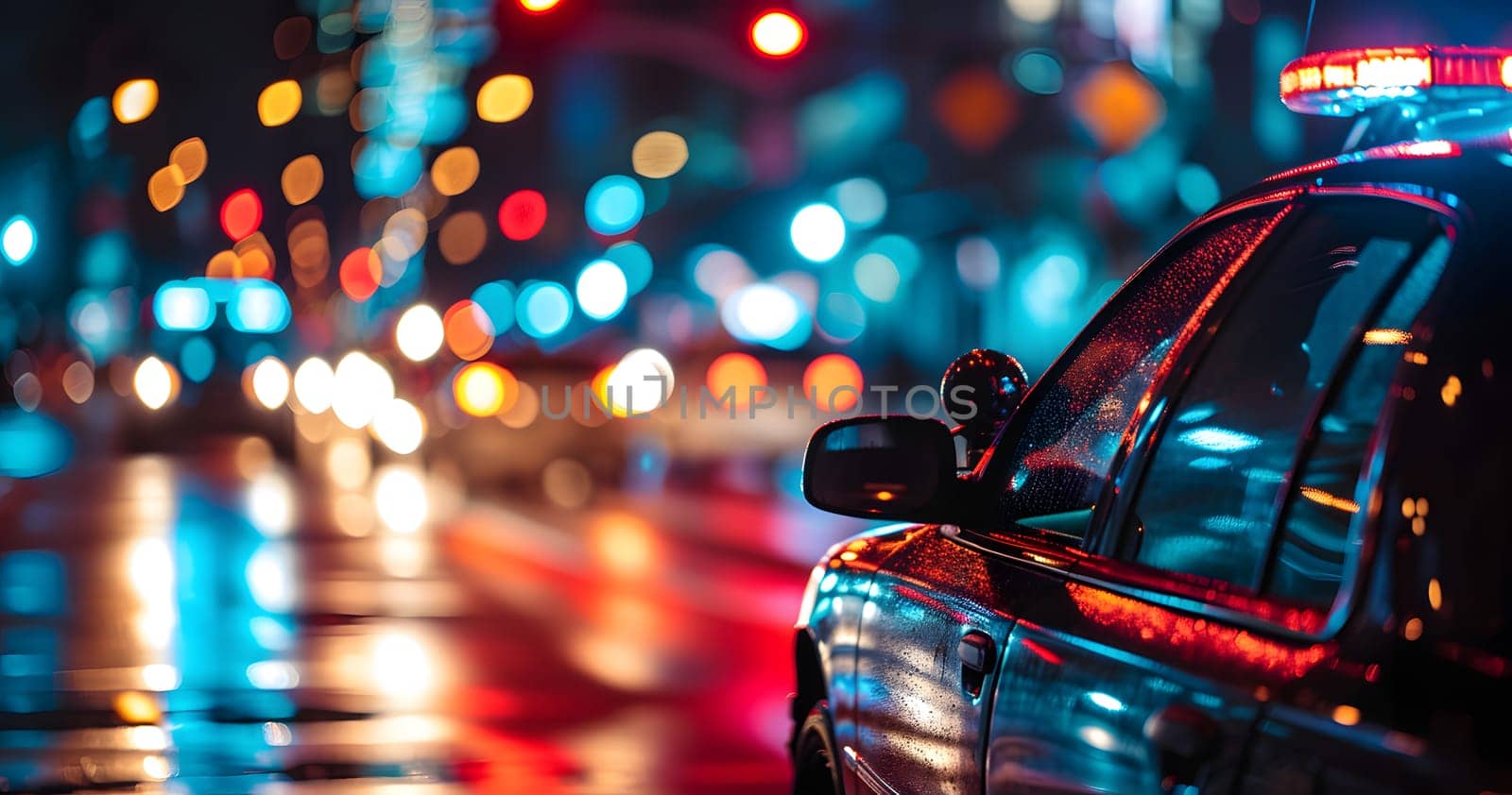Police car lights at night in city street with selective focus and bokeh. Neural network generated image. Not based on any actual person or scene.