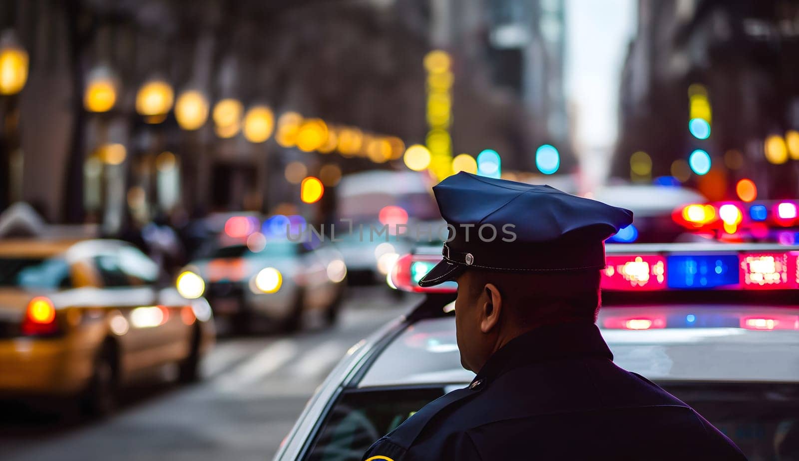 police officer near car with lights in city street with selective focus and bokeh by z1b