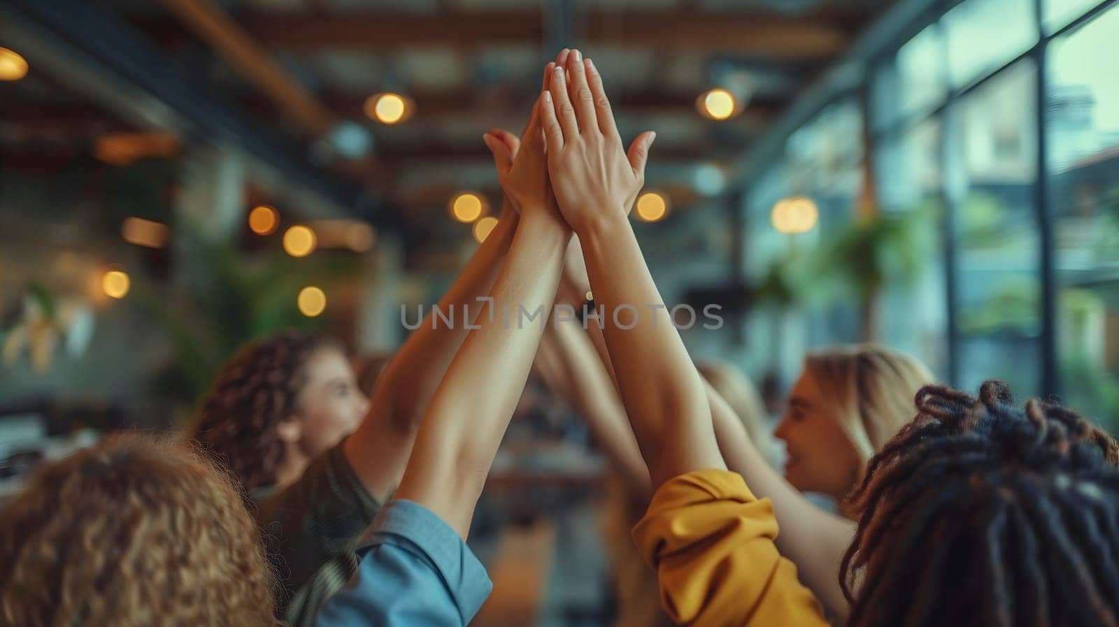 The business women hands up together while standing in the office. Teamwork concept. Neural network generated image. Not based on any actual person or scene.