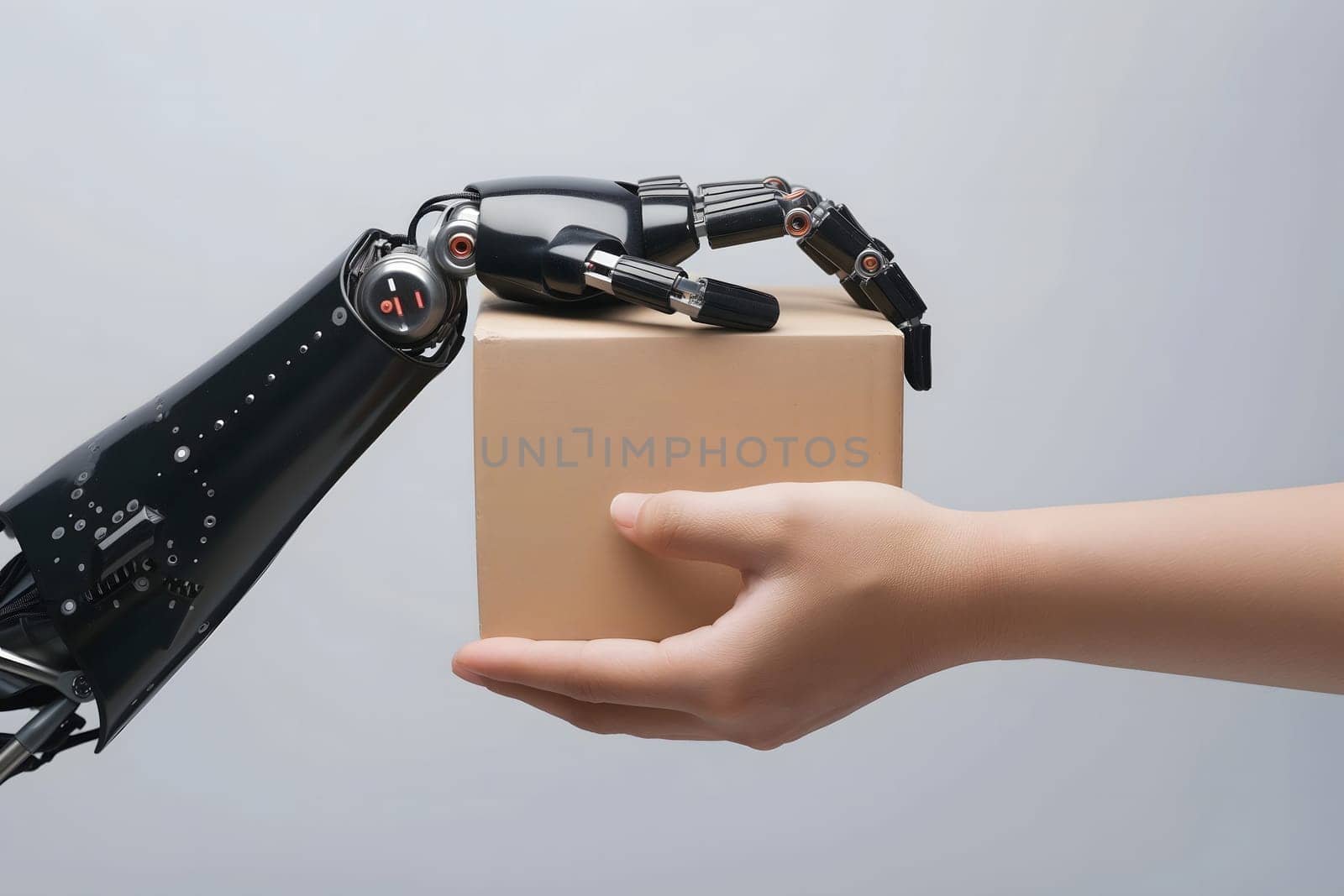robot hand giving cardboard box to human hand by z1b