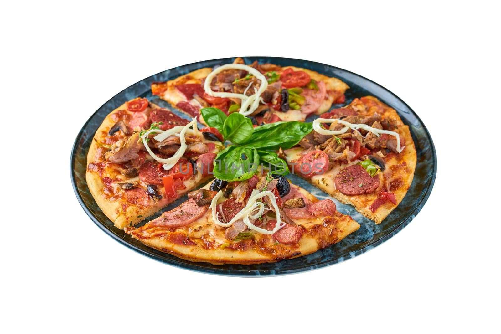 Supreme mixed pizza from top view on white background. by Sonat
