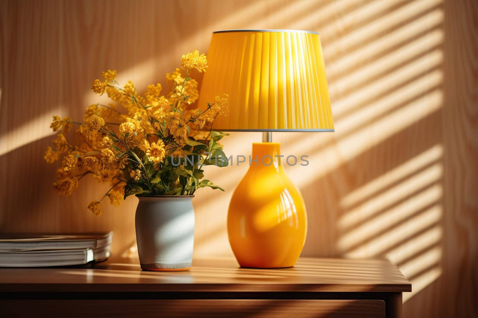Yellow table lamp on a wooden surface with a bouquet of yellow flowers, cozy warm light.