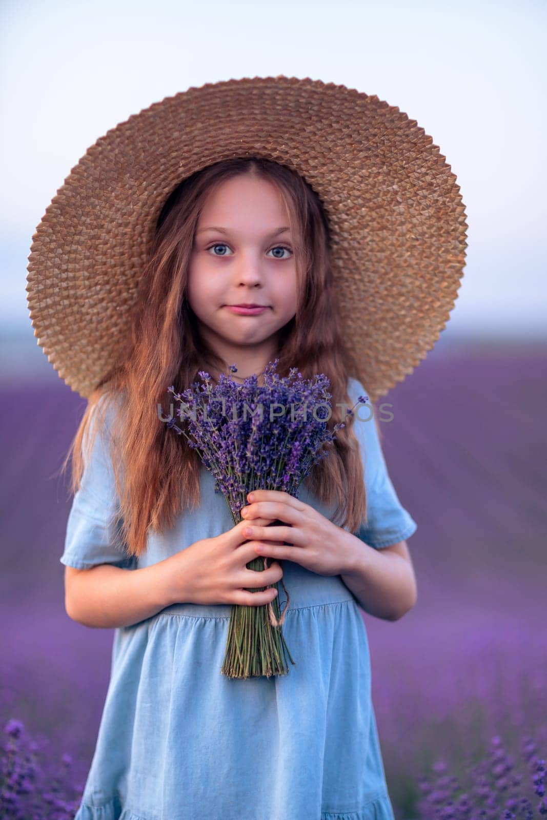 Girl lavender field in a blue dress with flowing hair in a hat stands in a lilac lavender field.