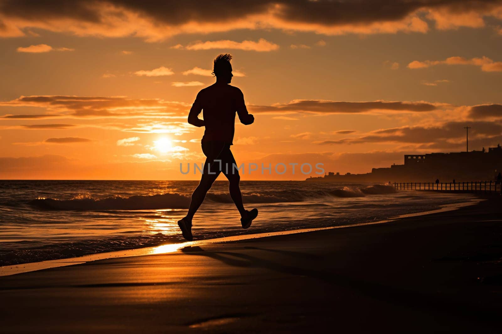 Silhouette of a man jogging along the shore at sunset and dawn.