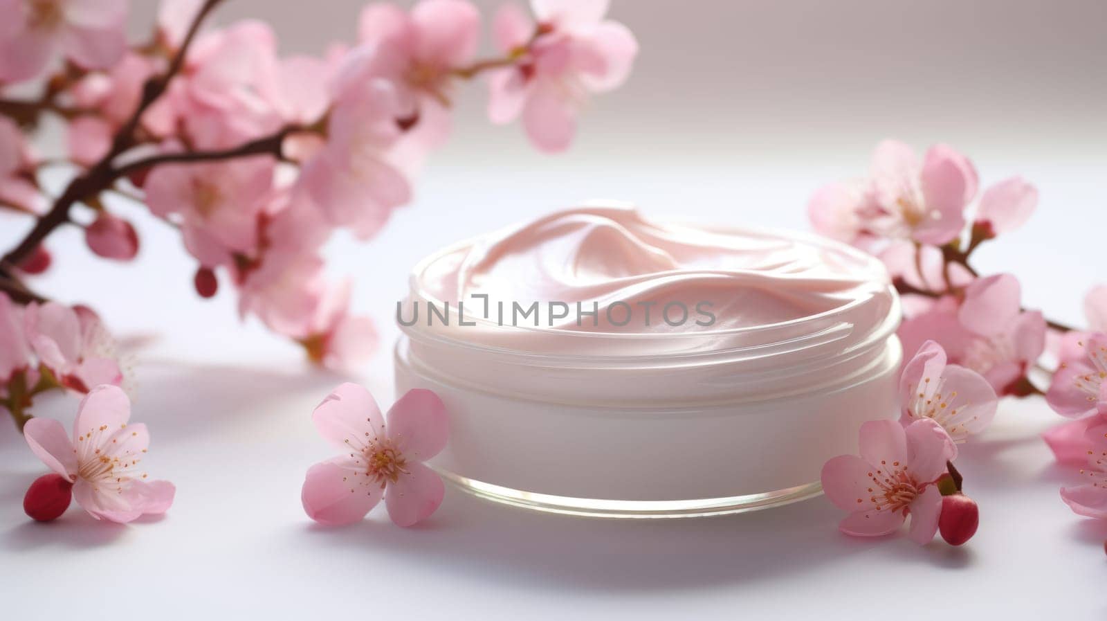 Jar of cream and blossoming branch. Cream with extract of Pink tree on a light background AI