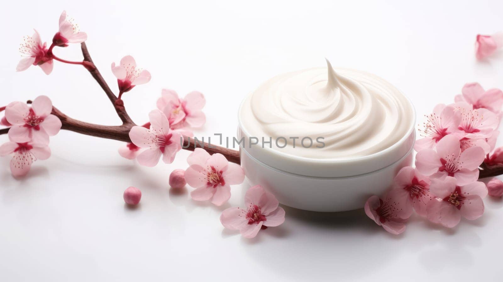 Jar of cream and blossoming branch. Cream with extract of Pink tree on a light background AI