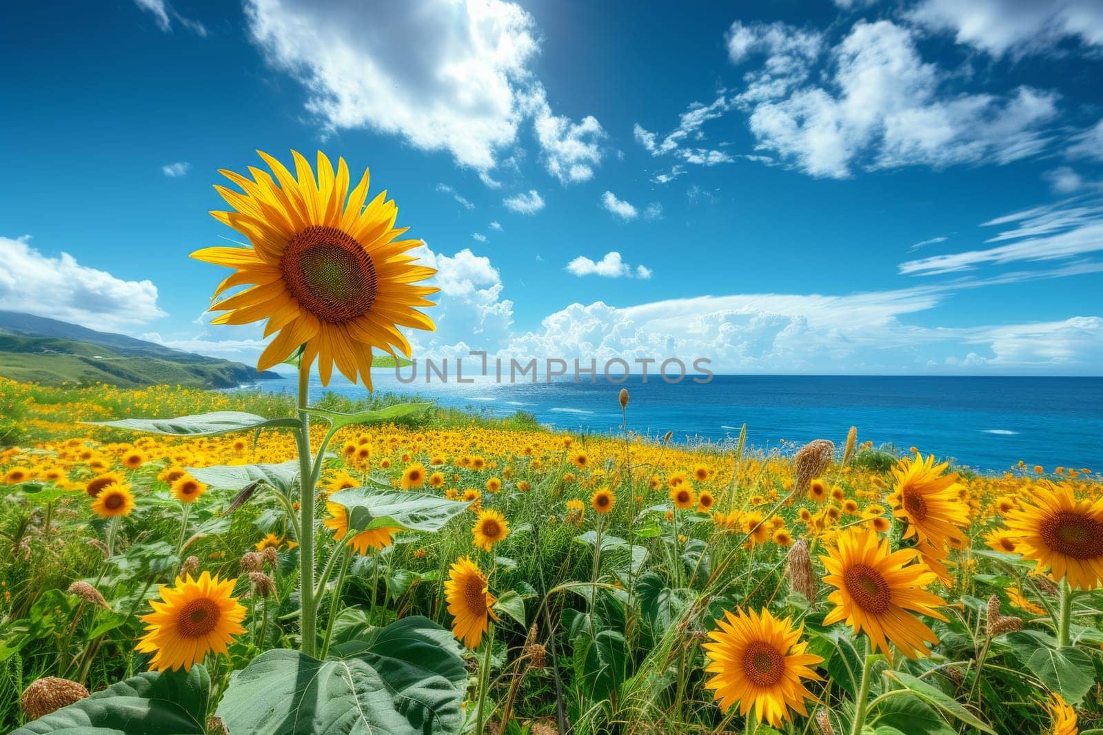 sunflower, Beautiful field of blooming sunflowers against blurry sunny cloudy and blue sky.