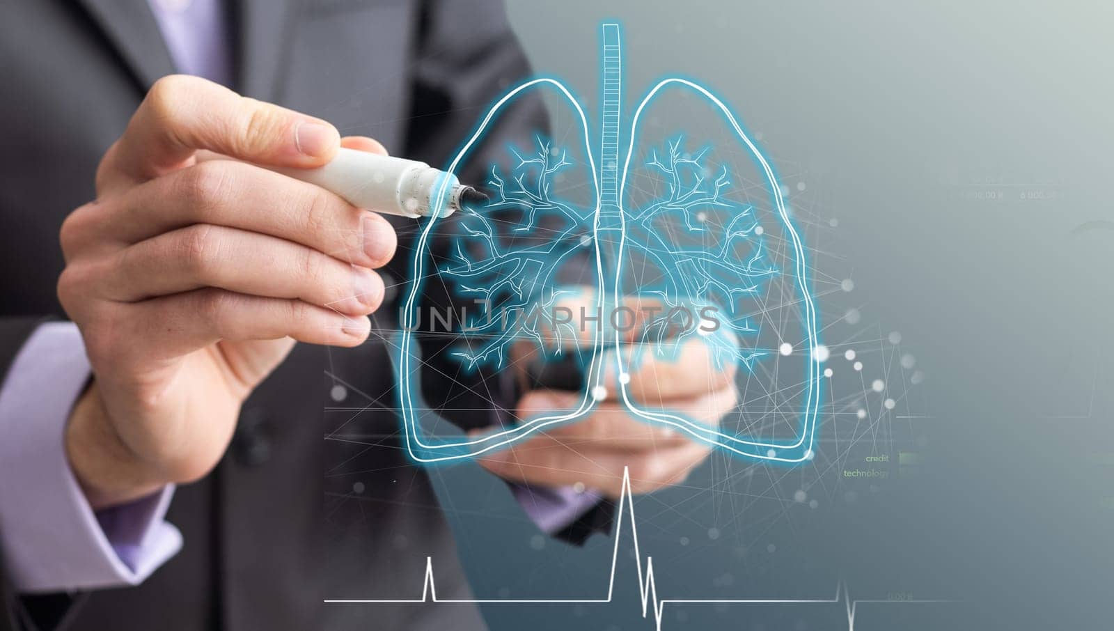 Tablet,Medical technology and futuristic concept.Digital healthcare and network on modern virtual screen, Lung, body Health Check with digital system support for patient with medical icon at hospital. High quality photo