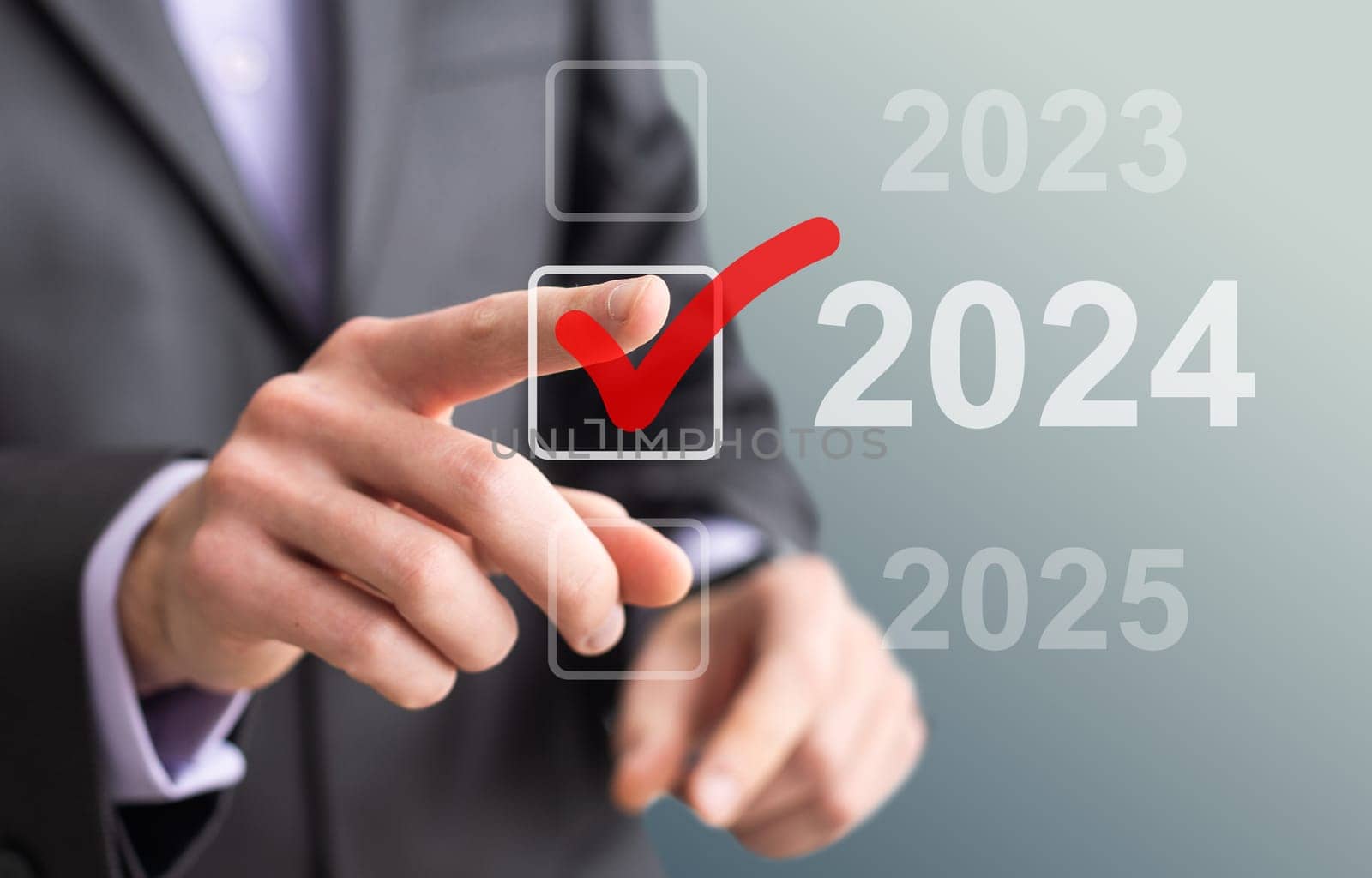 man hand touching on 2024 calender year button on digital virtual screen blur background. High quality photo
