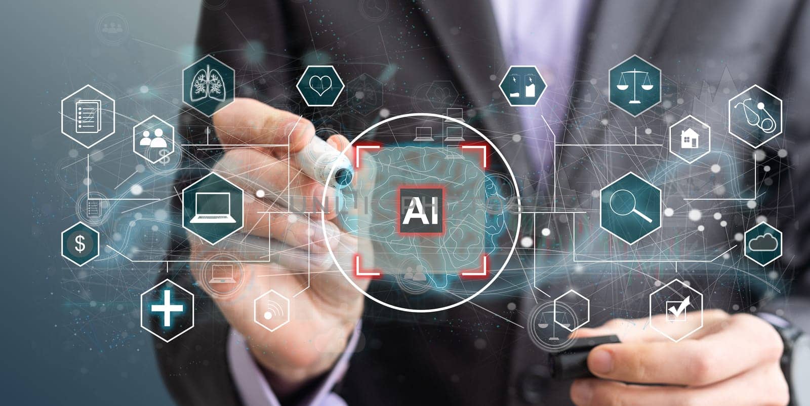 Artificial intelligence concept businessman holding ai on computer screen to using for in document management system and data analysis works by Andelov13