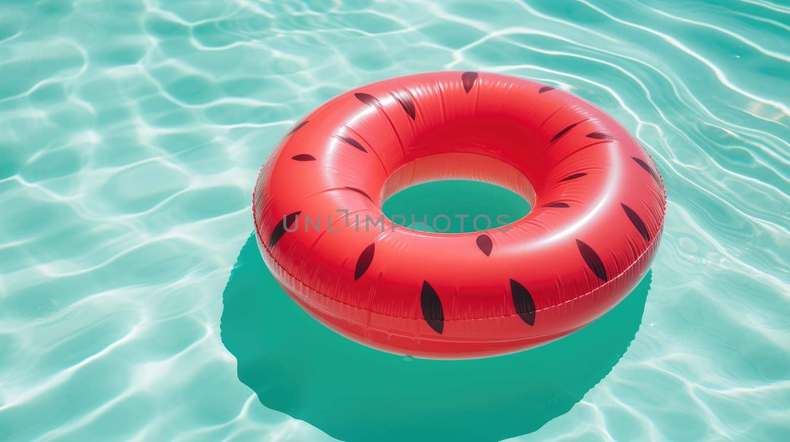 An inflatable circle in the color of a Watermelon on the surface of the pool AI