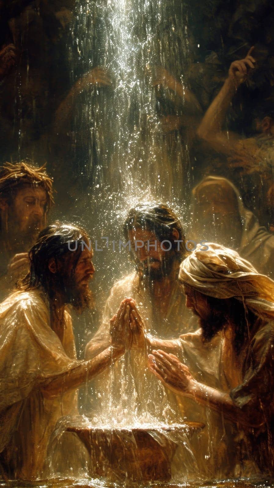 A depiction of Jesus performing baptism in a pond, as he washes his hands in the water.