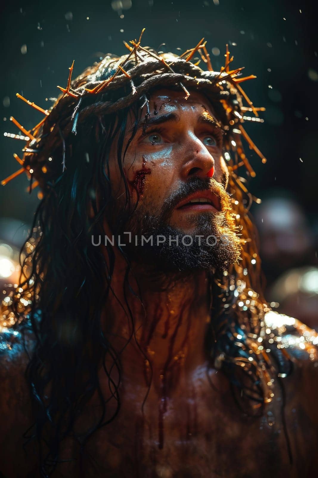 A man with long hair wears a crown of spikes, resembling the depiction of the crucifixion of Jesus Christ.