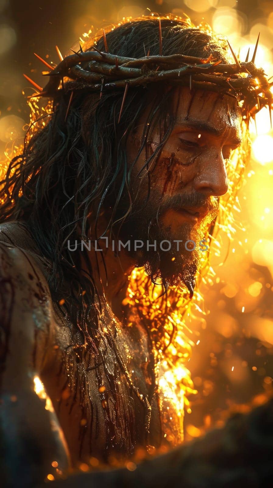 A photo depicting a man with a crown of thorns on his head, symbolizing the crucifixion of Jesus Christ.