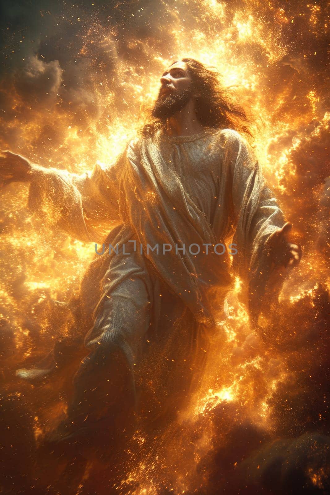 Jesus Christ, the central figure of Christianity, is seen walking through a fiery environment with his arms outstretched in a powerful gesture, symbolizing his ascension into heaven.