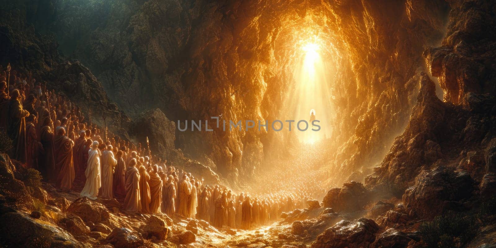 A man stands in a cave surrounded by rocks, representing the ascension of Jesus Christ into Heaven.
