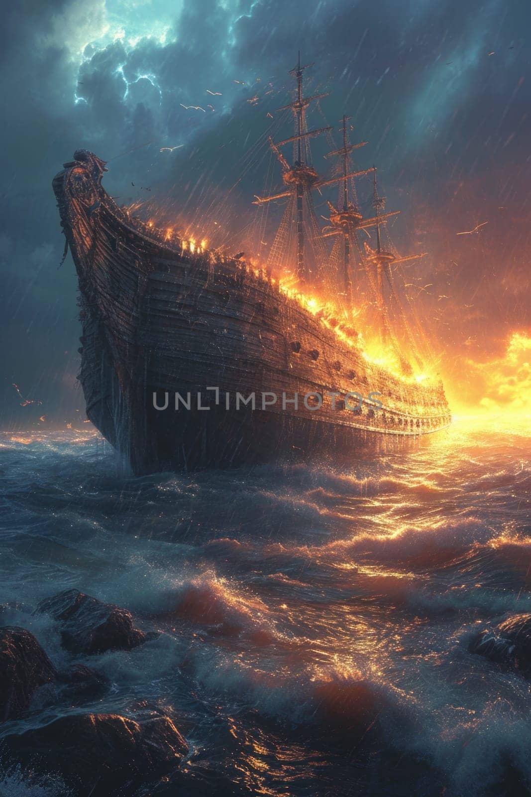 A realistic painting depicting a ship navigating through the vast ocean.