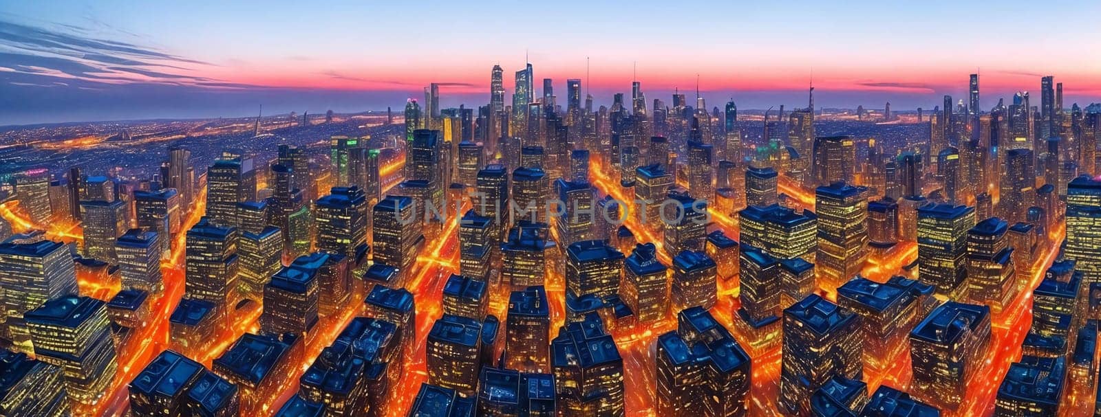Evening city skyline. Cityscape at dusk, emphasizing the glittering lights, reflections, and architectural features of urban landscapes. Generative AI