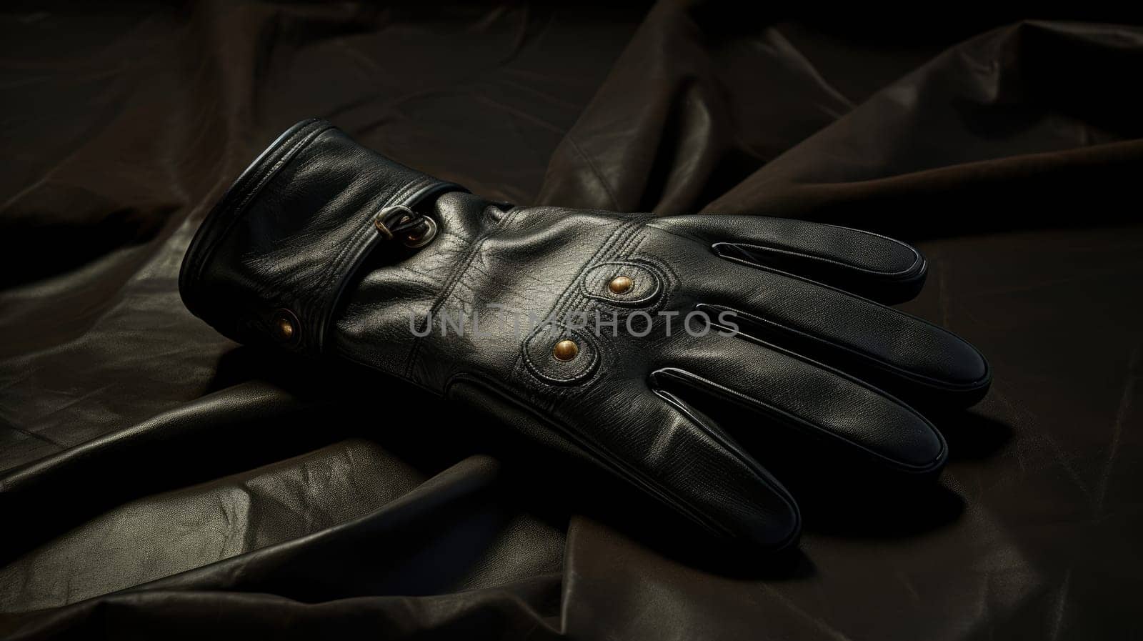 Black leather gloves on dark background. AI